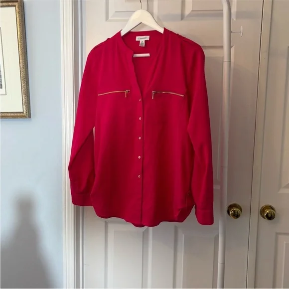 Calvin Klein Fuchsia Pink Gold Button Down Blouse Size Small - Picture 6 of 10